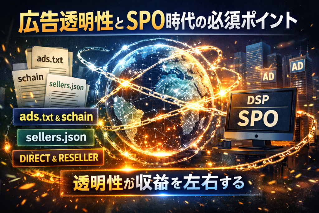 ads.txt、schain（SupplyChain Object）、sellers.json、DSP、SPO（サプライパス最適化）の関係性と広告の透明性が収益に与える影響を表すグラフィックイメージ図