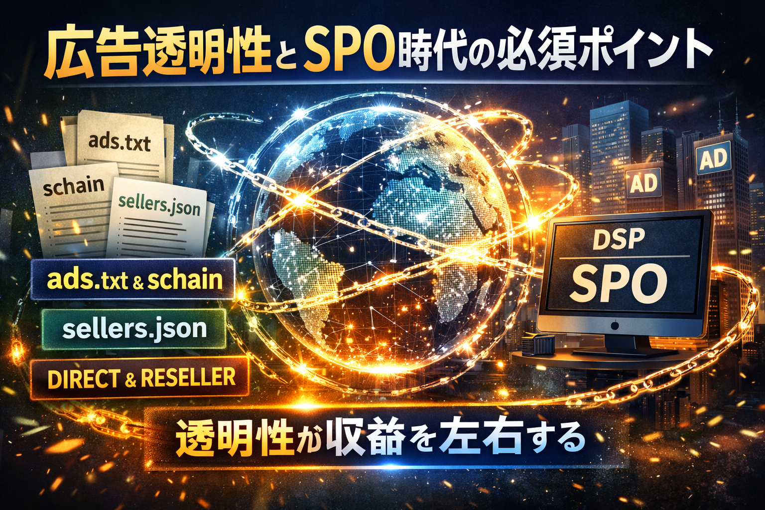 ads.txt、schain（SupplyChain Object）、sellers.json、DSP、SPO（サプライパス最適化）の関係性と広告の透明性が収益に与える影響を表すグラフィックイメージ図
