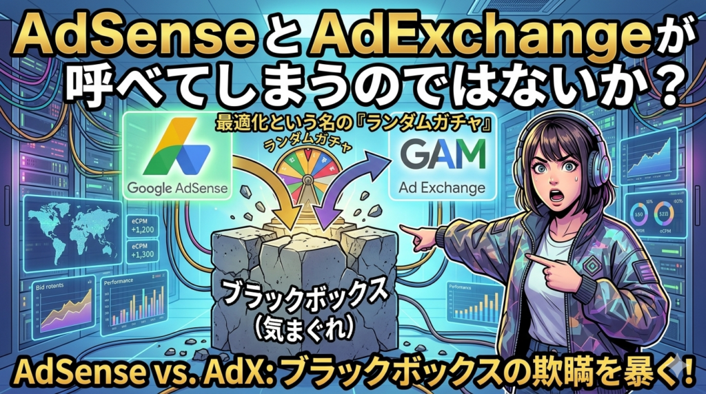 Google AdSenseとGAM Ad Exchange（AdX）の配信比率が、最適化という名の『ランダムガチャ』、気まぐれな『ブラックボックス』によって決まる仕組みの欺瞞を暴くグラフィックイメージ図